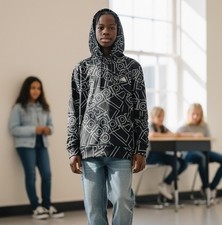 Adidas Kids Hoodie L 14/16 Black White Logo Pullover Sweatshirt