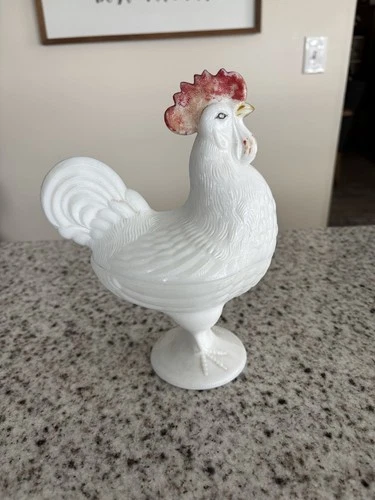 VINTAGE Westmoreland Milk Glass Rooster Covered Candy Dish