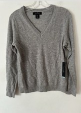 NEW TAHARI CLASSIC FIT 100 2-PLY CASHMERE V-NECK HEATHER GREY SWEATER SIZE S