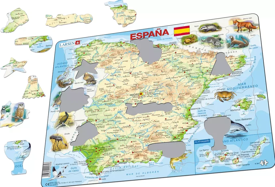 LARSEN Karte von Spanien/Espana mit Tieren - Rahmen/Brett Puzzle 29 cm x 37 cm (lrs)