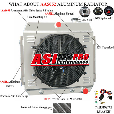 4-Row Aluminum Radiator+Shroud Fan Relay Kit For 55-57 Chevy Bel Air Nomad L6 V8
