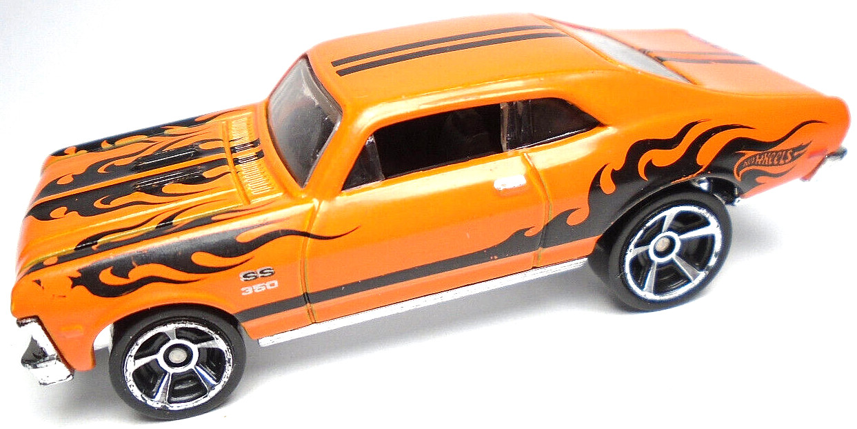 2008 HOT WHEELS '68 CHEVY NOVA SS 350 ORANGE 2 7/8" DIECAST CAR W/ BLACK FLAMES
