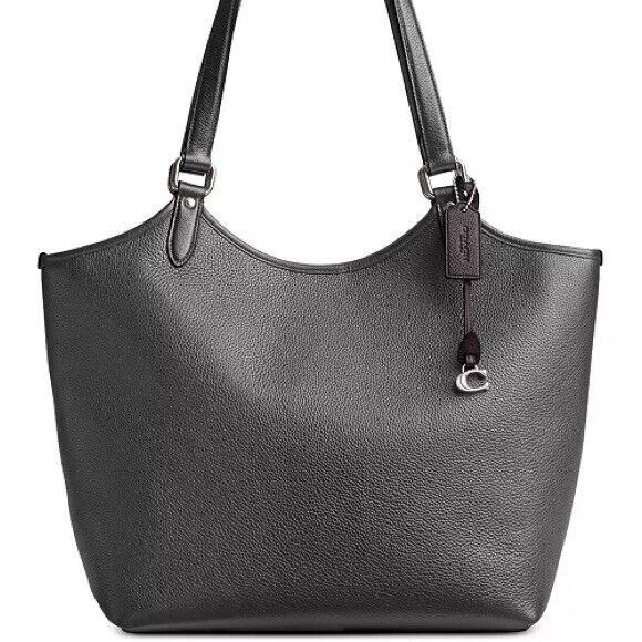 COACH Metallic Pebble Leather Medium Tote, purse, handbag, women’s ,bag gunmetal
