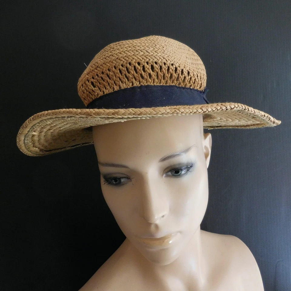 Chapéu de palha azul amarelo feito à mão estilo vintage 1950 para mulheres homens França N6349 - Imagem 3 de 4