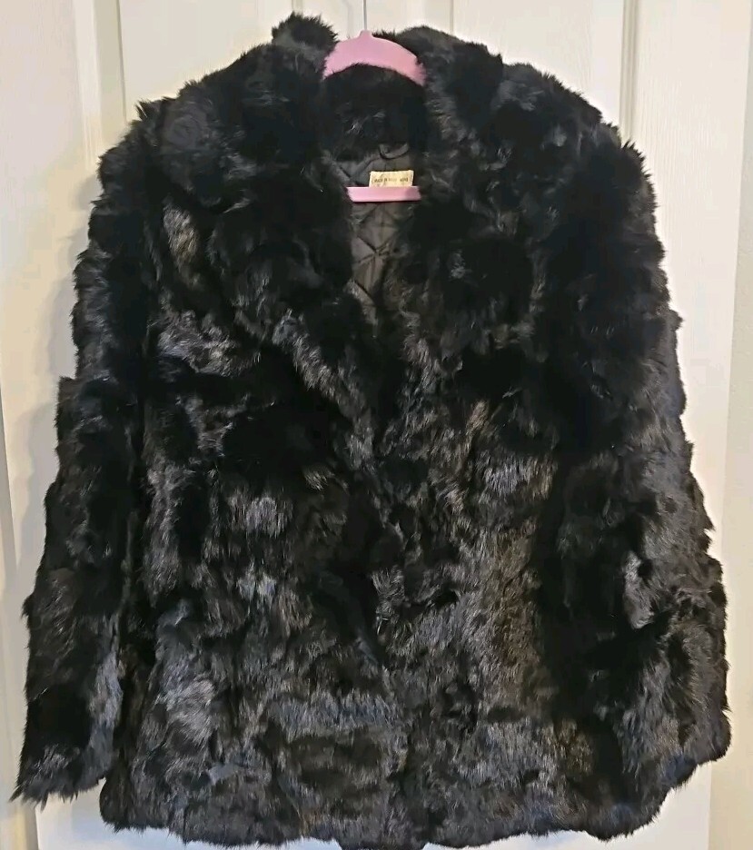 Extreme Rare Safuron Dyed Rabbit Fur Coat Made in Hong Kong Size L Black  Vintage