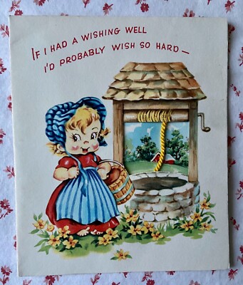 Vintage 1940s UNUSED Get Well Greeting Card Cute Little Girl at Wishing Well NOS