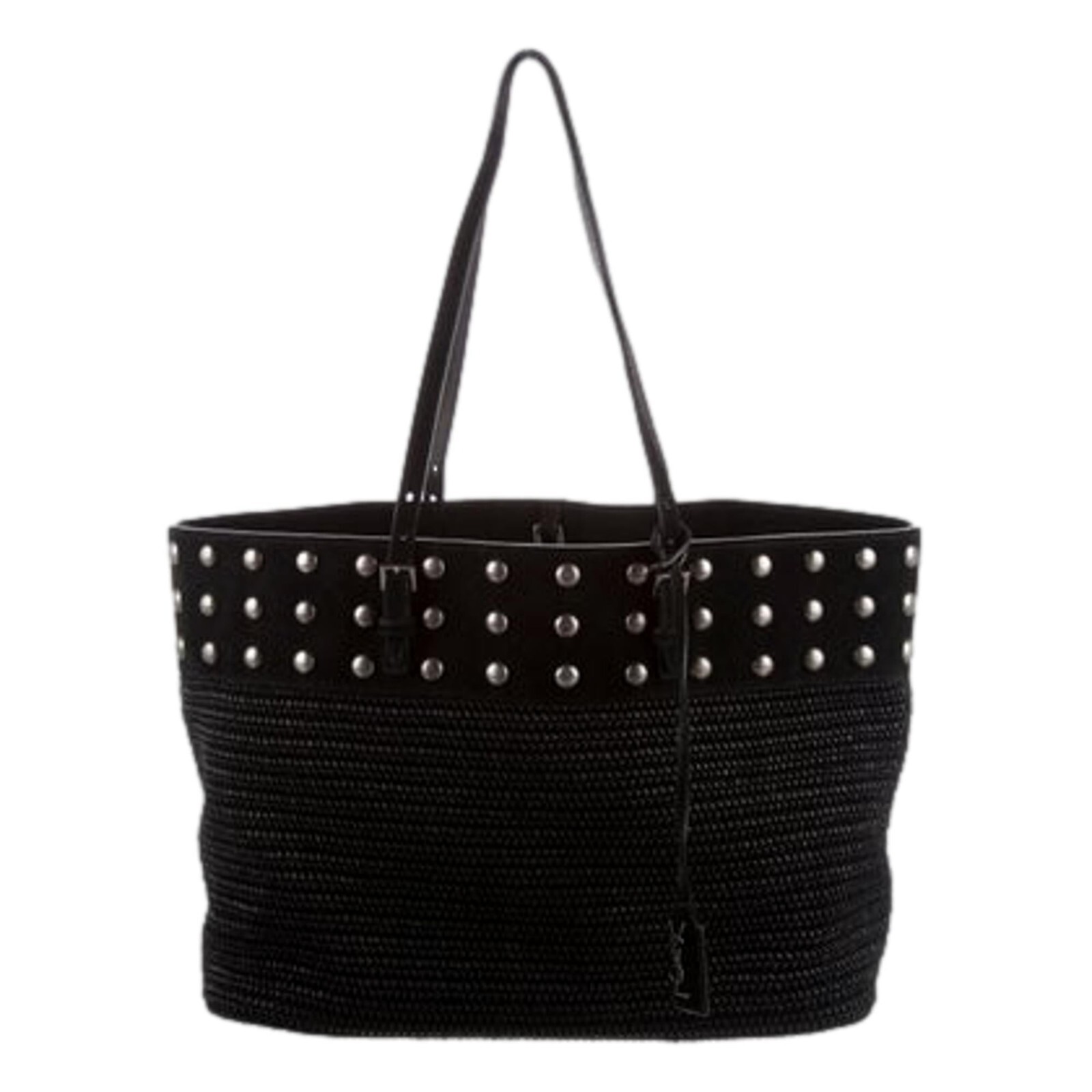 Borsa shopping Saint Laurent Boucle in pelle di rafia nera con borchie NUOVA