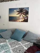 Canvas picture Sunset Ocean Beach Waves, stretched and framed. Ready to hang