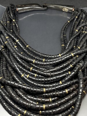 MONIES Gerda Lynggaard Brass 1970 s Black Coconut 17 Strand Horn Bead Necklace