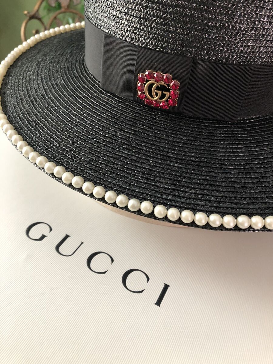 100% Authentic GUCCI Black Pearl Embellished Trim Straw Hat 100% Authentic GUCCI Black Pearl Embellished Trim Straw Hat