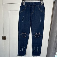 Girls Denim Cat Jeans Size 6/7 Blue Skinny Elastic Waist Pockets Cute Kitty