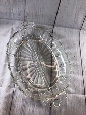 Etched Clear Glass Oval 2 Section Relish Condiment Handled  Dish