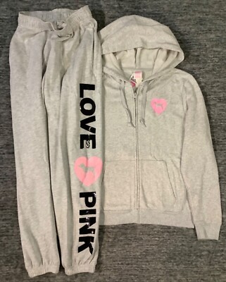 Victoria's Secret Pink Bling FZ Hoodie + Campus Pants Set Heather