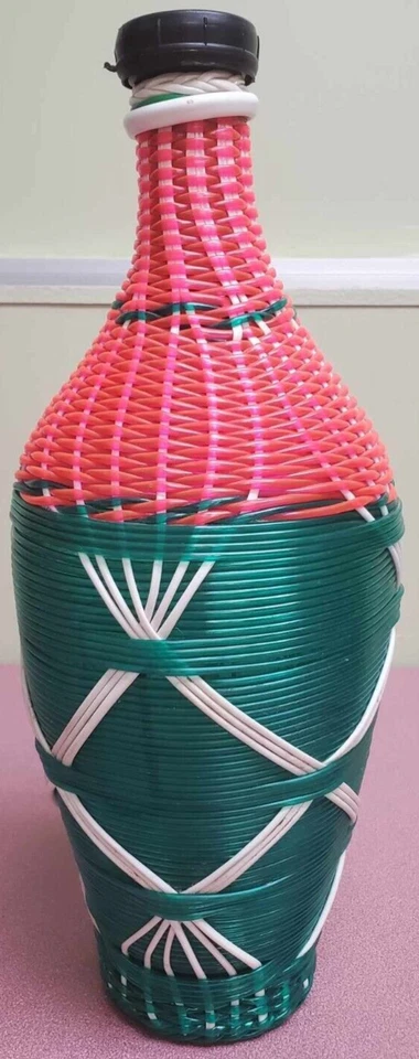 VTG Heavy Glass Plastic Wicker Wrapped Wine Bottle Jug w/ Wood Base - Image 2 of 4