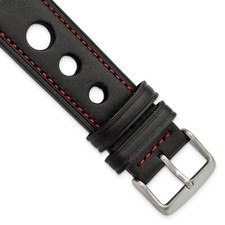24mm Black Grand Prix Leather Red Stitch Silver-tone Buckle Watch Band