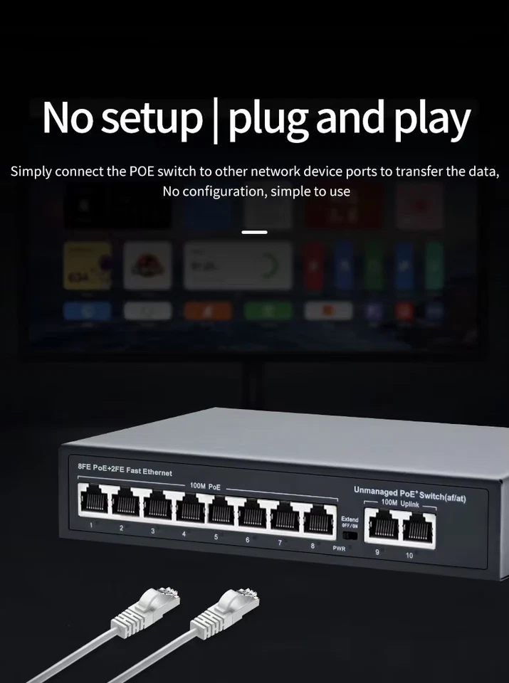 8 Ports 120W POE 10/100Mbps +2 Port Megabit Uplink Ethernet PoE Switch Network - Image 4 of 4