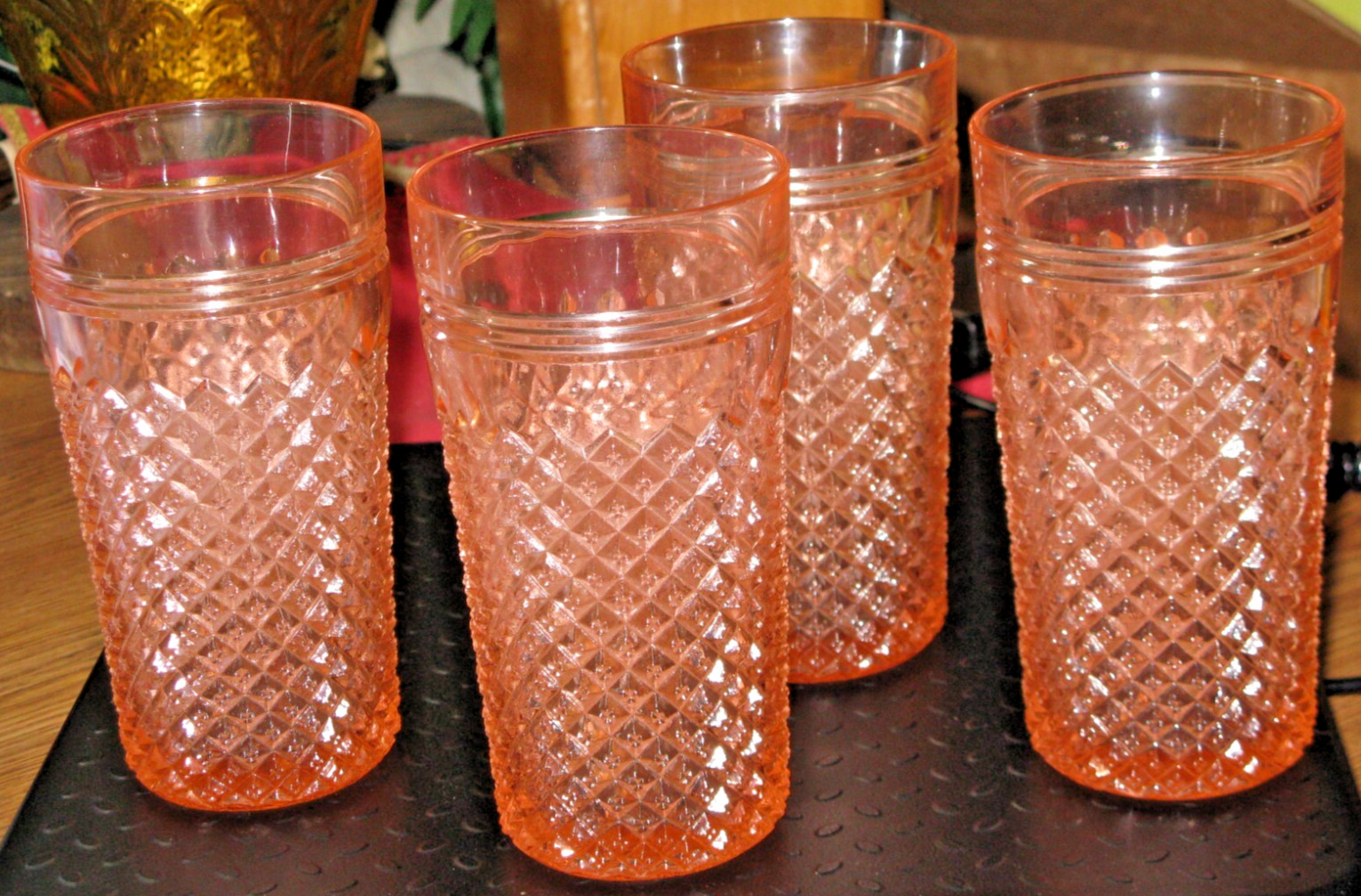 4 PINK MISS AMERICA PATTERN DEPRESSION GLASS 5-3/4" FLAT ICED TEA TUMBLERS