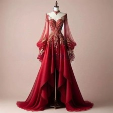 Luxury Red Prom Dresses V-Neck Long Sleeves Gold Embroidery A-Line Evening Gowns