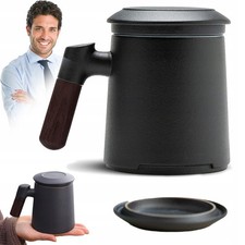 Teetasse mit Sieb und Deckel Keramik Tee Becher Groß Porzellan Set Schwarz 300ML