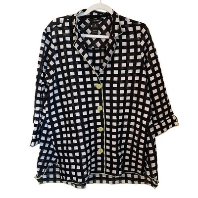 Ali Miles Sheer Black White Check Button Blouse Lime Green Trim Size M Oversize