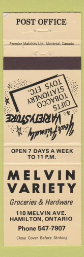 Matchbook Cover - Melvin Variety Store Hamilton ON