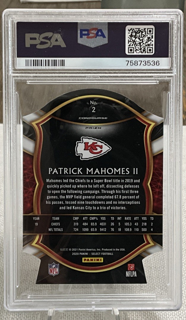 2021 Select Football Patrick Mahomes Blue Checkered Die Cut PSA 9 view 2