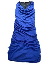 Express Strapless Dress Womens XS Blue Ruched Bodycon Lace Trim Cocktail Party