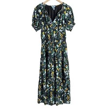 Draper James Floral Metaliic Long Tiered Dress Green Medium Cottagecore Boho