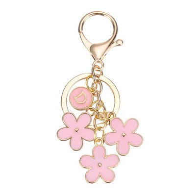 Pink Flower Keychain Charm, Cute Keychain Initial Keyring with Letter D Charm