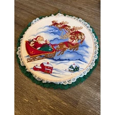 Round Christmas Wall Hanging Santa Sleigh Reindeer Winter Scene Decor