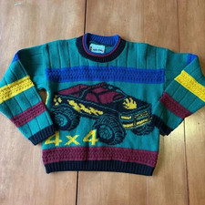 VTG 80s Toddler Cable Knit Monster Truck 4x4 Sweater Made In USA