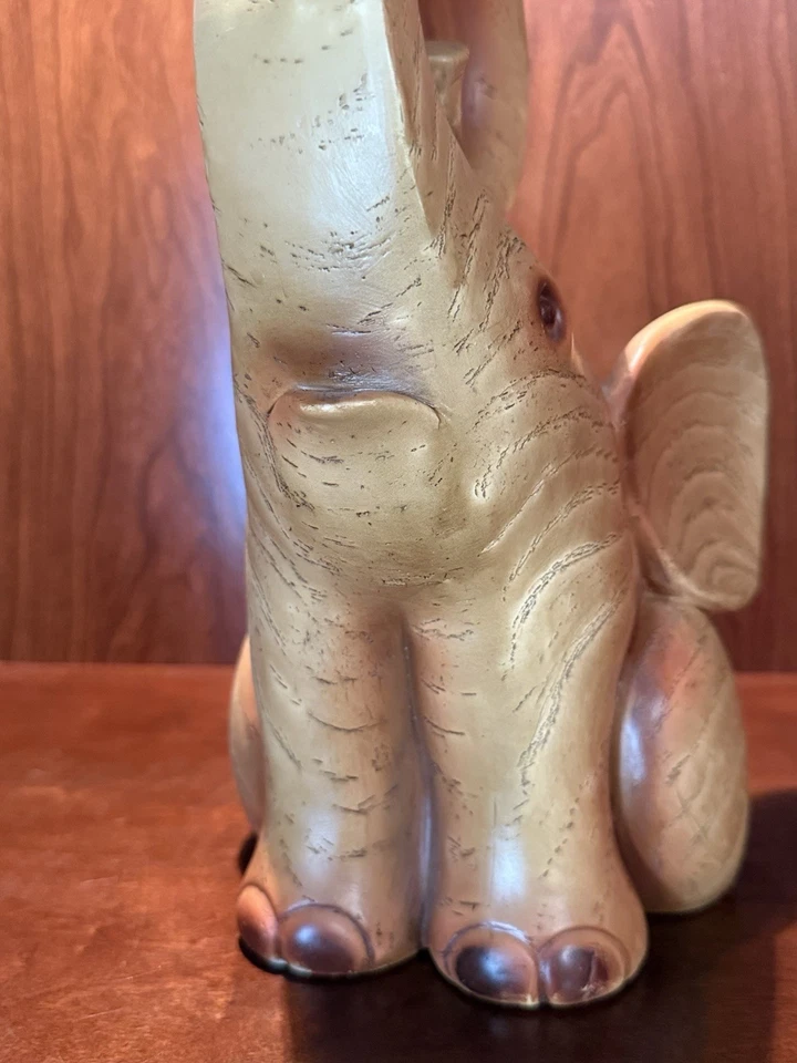 Elephant Statue Sculpture Resin Wood Like Finish Sitting Trunk Up 10” Tall X 6” - Image 3 of 4