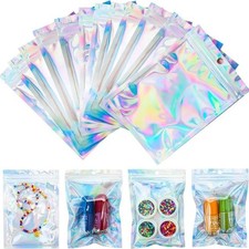 100pcs Holographic Mylar Zip Bags  Resealable Storage for Candy, Jewelry, More