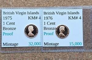 2 British Virgin Islands Proof 1 Cent Coins 1975-1976 Vintage World Foreign !!