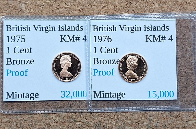 2 British Virgin Islands Proof 1 Cent Coins 1975-1976 Vintage World Foreign !!