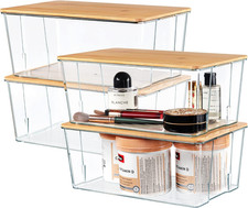 4 Pack Clear Plastic Storage Bins with Bamboo Lids, Stackable Storage Containers