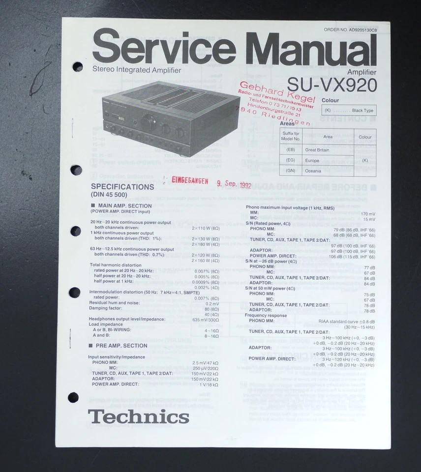Original Service Manual für TECHNICS SU-VX920  Amplifier/Verstärker O148 - Bild 1 von 1