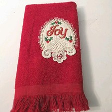 Vtg Red Fringe USA Made Red Joy Holiday Christmas Finger Tip Cotton Hand Towel
