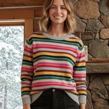 1901 79 Large Multicolor Striped Cotton Wool Crew Neck Button Shoulder Sweater