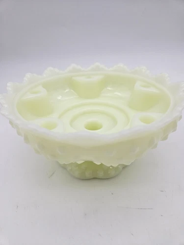 Fenton glass six candle holder bowl Hobnail uranium green milk glass