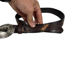 NOCONA BELT CO BROWN BELT GENUINE LEATHER SIZE 26 BULL RIDING BUCKLE N4422002