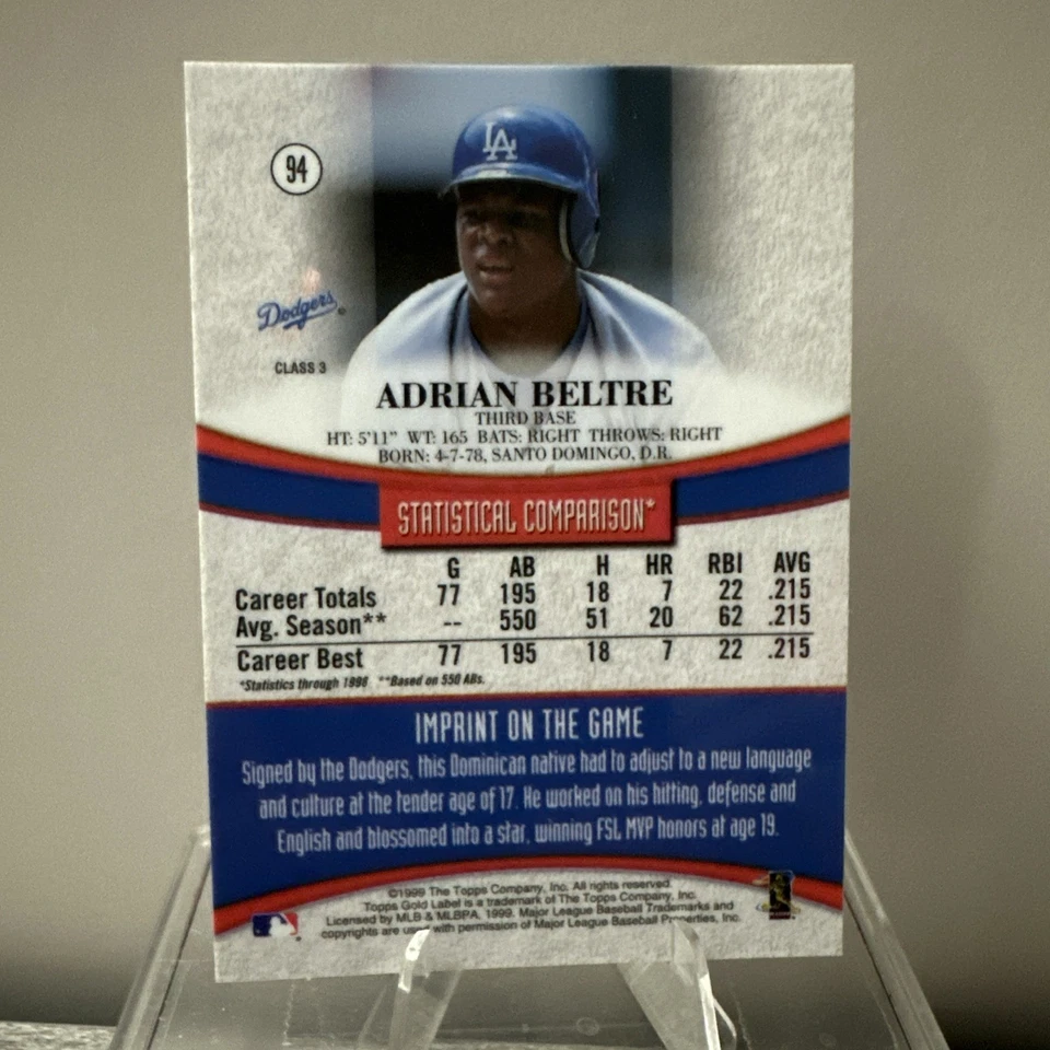 ADRIAN BELTRE 1999 Topps Gold Label Class 3 BLACK LABEL #94 - Image 2 of 2