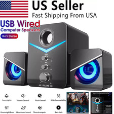 USB Powered Computer Speakers w/ Subwoofer Stereo Bass 3.5mm Jack LED for Laptop