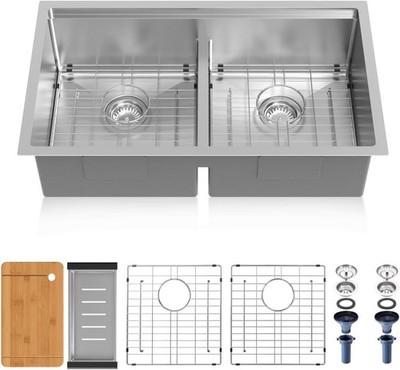 33'' Kitchen Sink 50/50 Double Bowl   16G 304 SS Workstation, Drop-In/Undermount