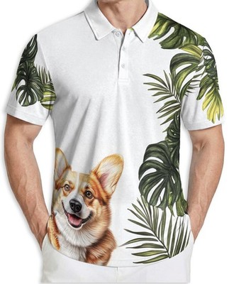 Corgi Monstera Leaves Men's Polo Shirt Short Sleeve Dog Lover Casual Shir