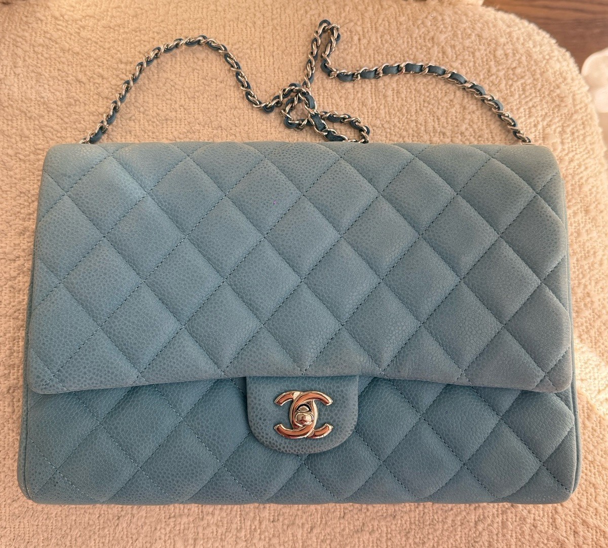CHANEL Caviar Quilted Clutch With Chain Flap Blue Suede Goatskin in Box-image