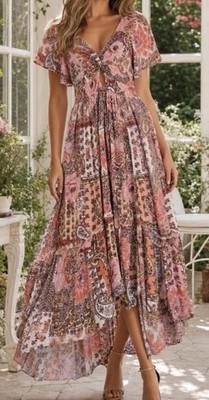 Angie Women s Sz M Midi Dress Paisley Floral Boho Pink Orange Hi-Lo Hem