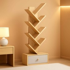 8 Tier Tree Bookshelf With Drawer Natural Wood Bookcase
