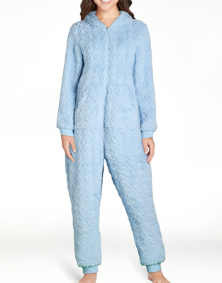 Joyspun Womens Union Suit Size L Blue Cloud Hooded Jacquard Zip-front Polyester