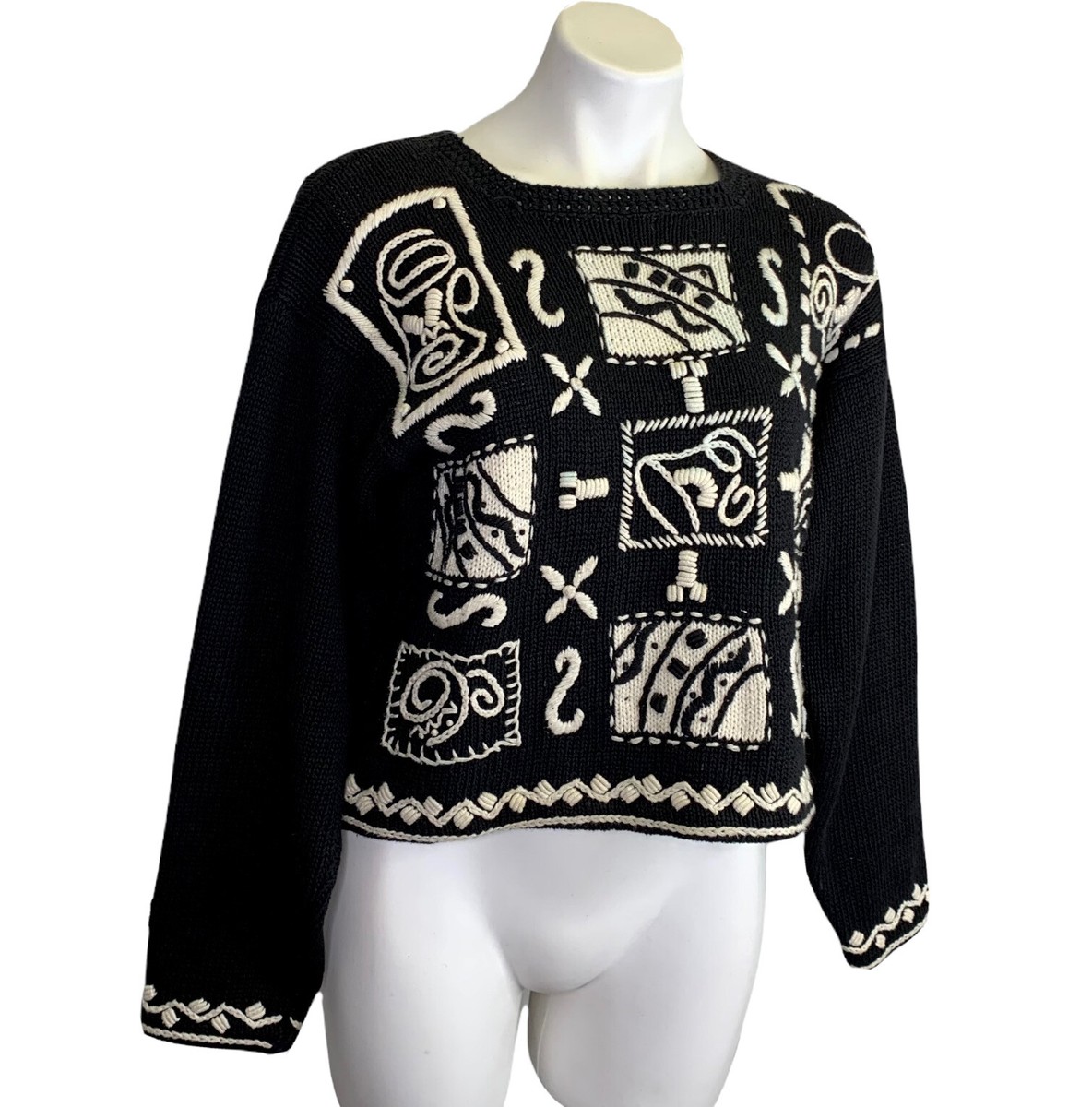 Sigrid Olsen Sweater M Medium Black Pullover Cropped Art To Wear